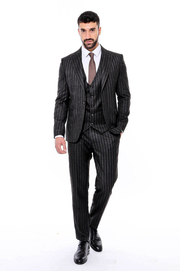Striped Black Slim-Fit Vested Men's Suit - Wessi