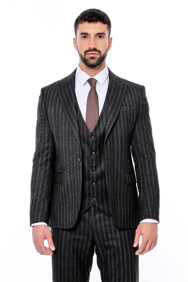 Striped Black Slim-Fit Vested Men's Suit - Wessi