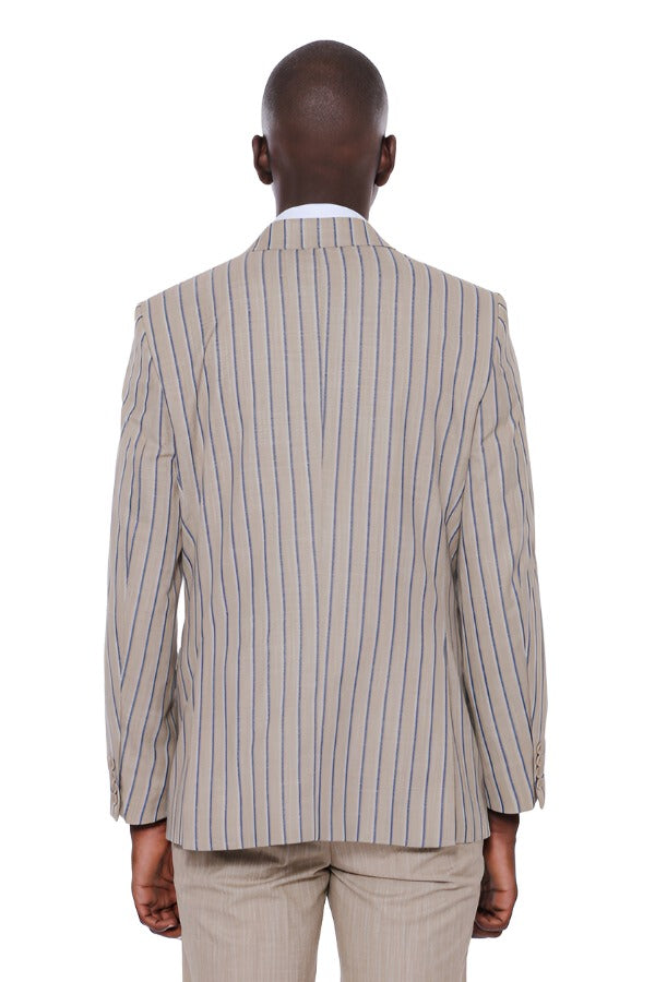 Striped Blazer Plain Pants Beige Men Suit - Wessi