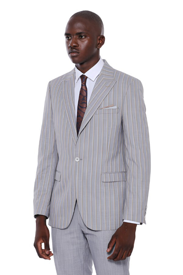 Striped Blazer Plain Pants Grey Men Suit - Wessi