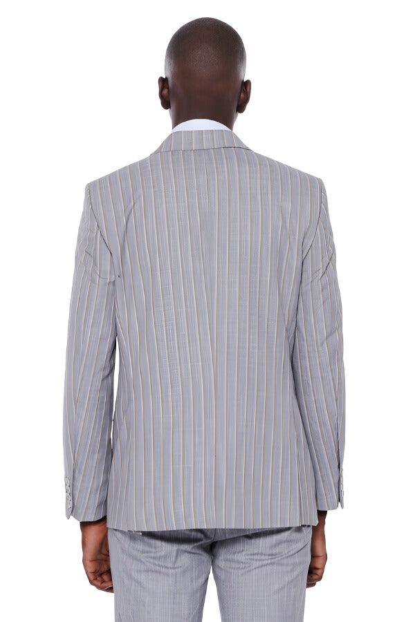 Striped Blazer Plain Pants Grey Men Suit - Wessi