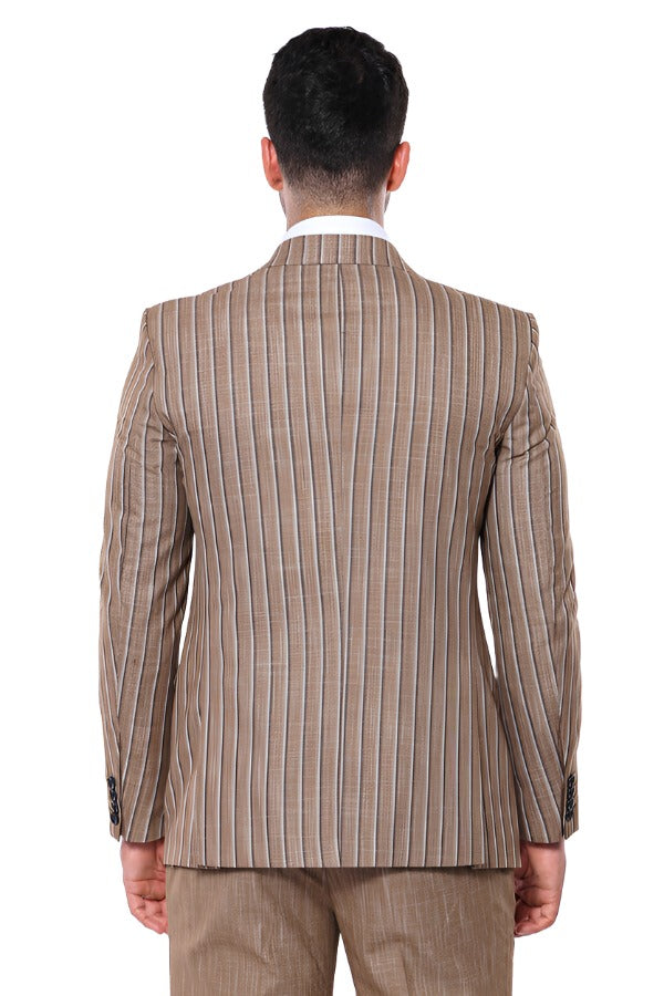 Striped Blazer Plain Pants Light Brown Men Suit - Wessi