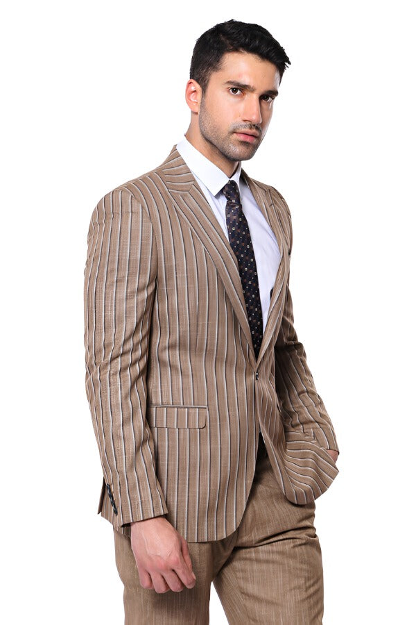 Striped Blazer Plain Pants Light Brown Men Suit - Wessi