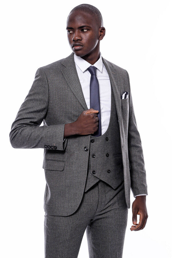 Striped Dark Beige Double Breasted Suit - Wessi
