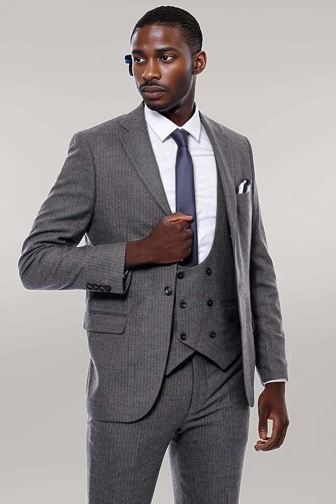 Striped Dark Beige Double Breasted Suit - Wessi