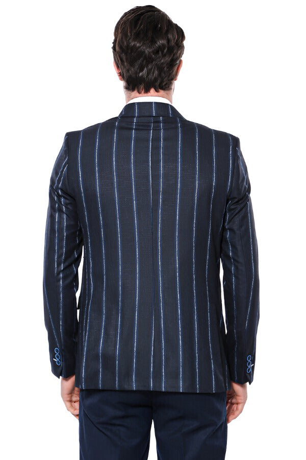 Striped Dark Blue Slim-Fit Blazer - Wessi