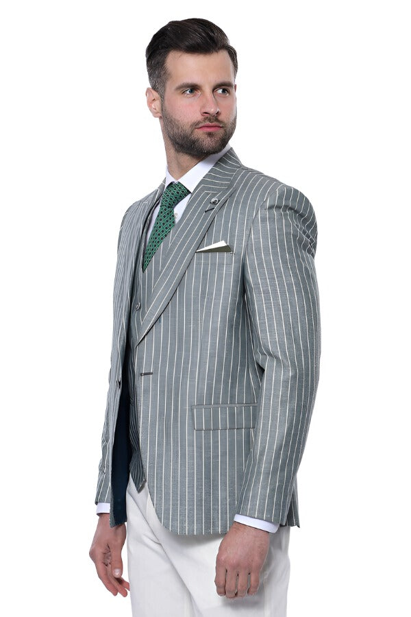 Striped Green Men Suit - Wessi