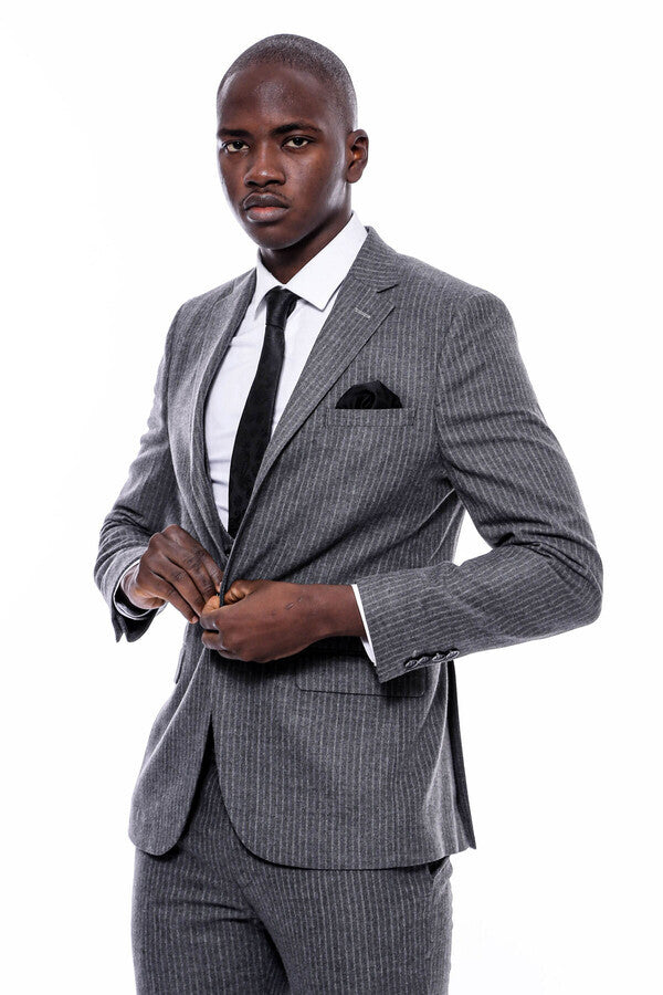 Striped Grey Double Breasted Suit - Wessi