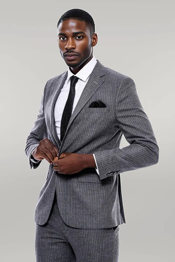 Striped Grey Double Breasted Suit - Wessi