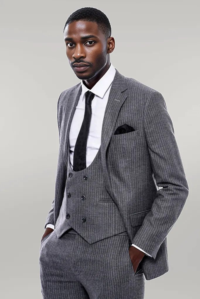 Striped Grey Double Breasted Suit - Wessi