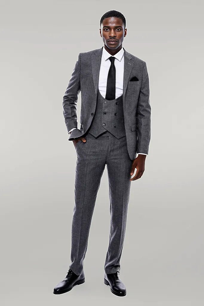 Striped Grey Double Breasted Suit - Wessi