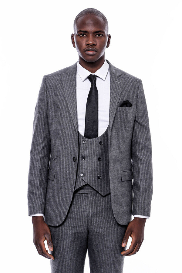 Striped Grey Double Breasted Suit - Wessi
