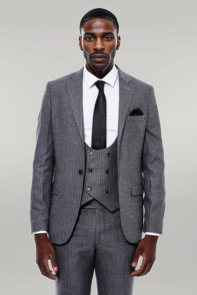 Striped Grey Double Breasted Suit - Wessi