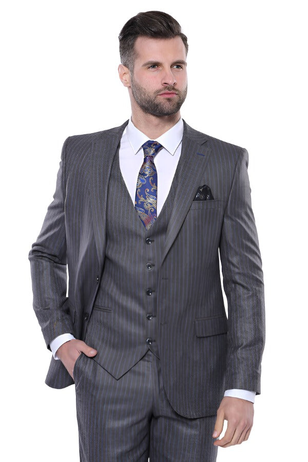 Striped Grey Vested Suit | Wessi - Wessi