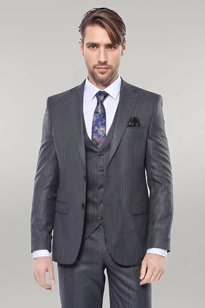 Striped Grey Vested Suit | Wessi - Wessi