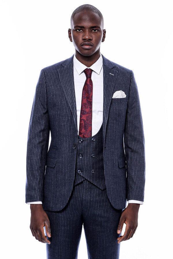 Striped Navy Double Breasted Suit - Wessi