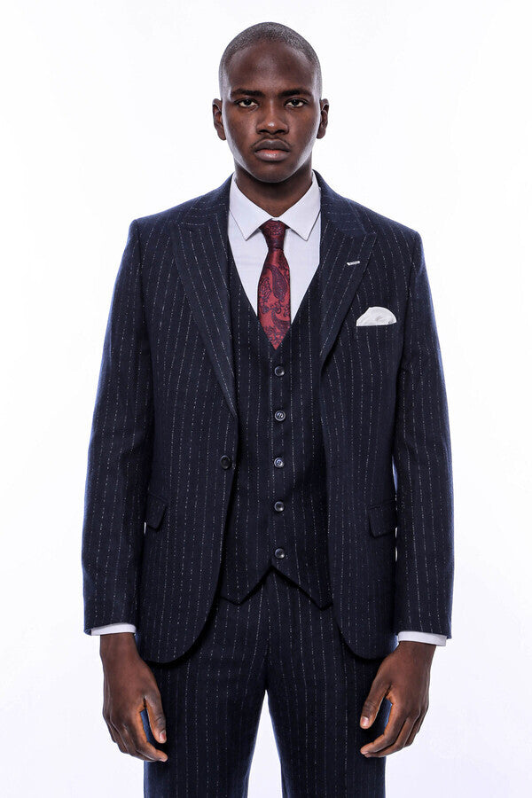 Striped Navy Vested Suit - Wessi