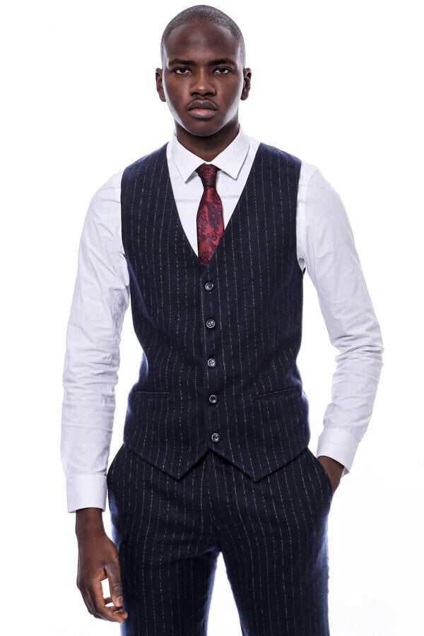 Striped Navy Vested Suit - Wessi