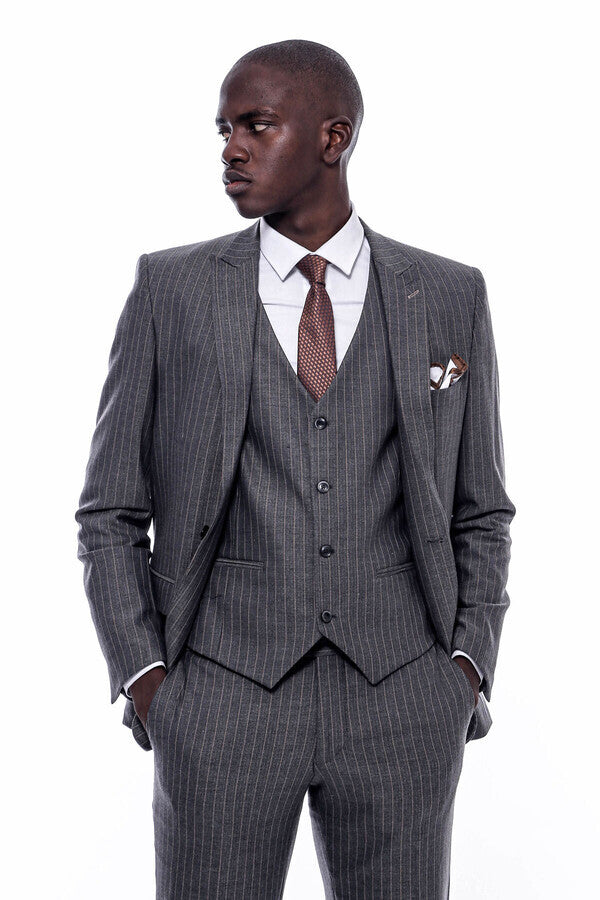Striped Slim Fit Antracite Men Suit - Wessi