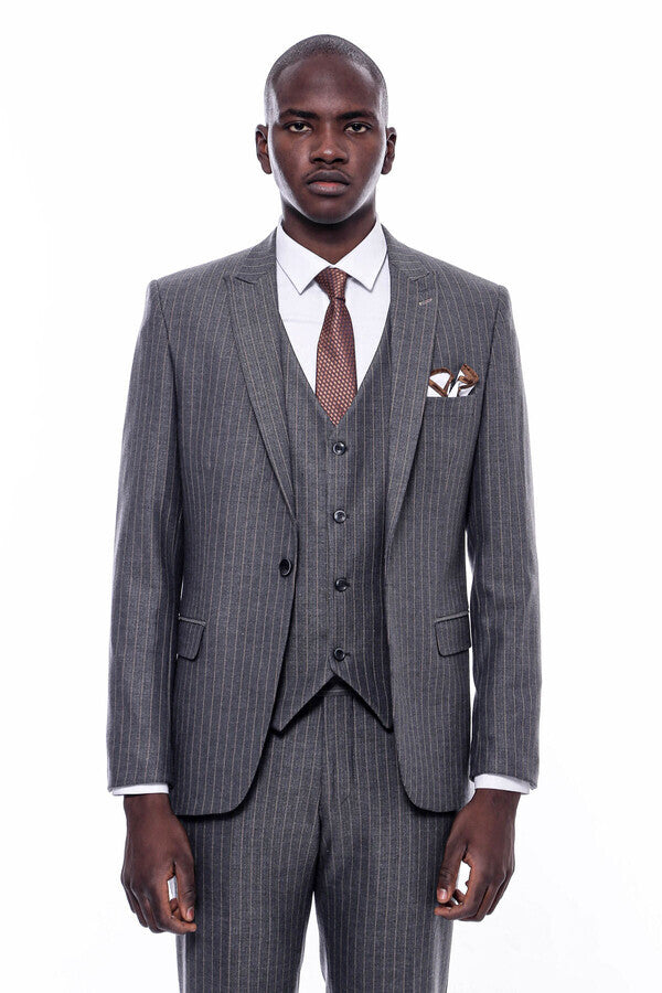 Striped Slim Fit Antracite Men Suit - Wessi