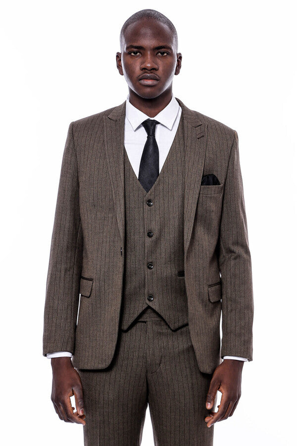 Striped Slim Fit Brown Men Suit - Wessi