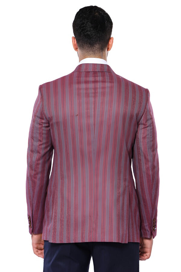 Striped Slim Fit Single Button Burgundy Men Blazer - Wessi