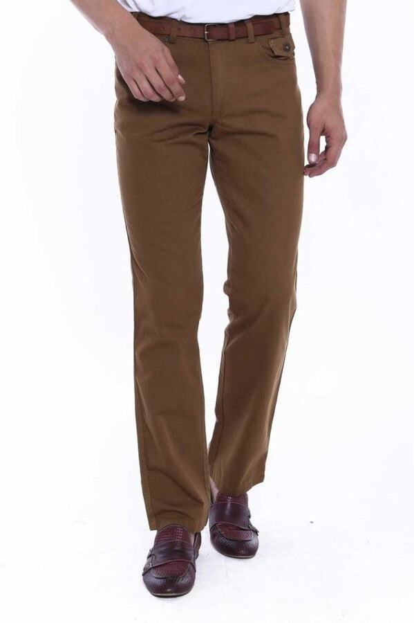 Pantalones Hombre Ante Bolsillos Con Solapa Algodón Liso Marrón - Wessi