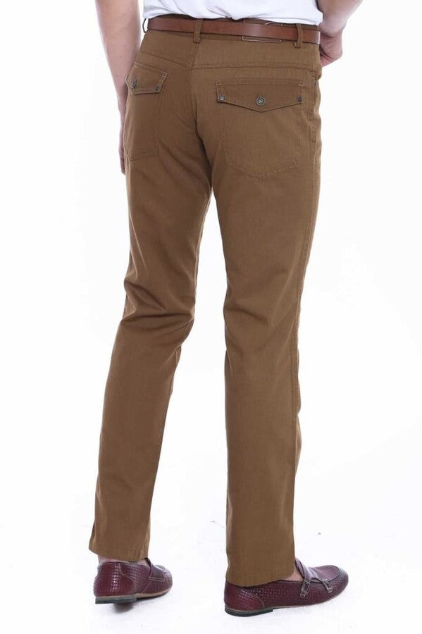 Suede Flap Pockets Plain Cotton Brown Men Pants - Wessi