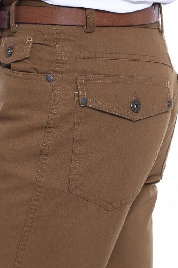 Suede Flap Pockets Plain Cotton Brown Men Pants - Wessi