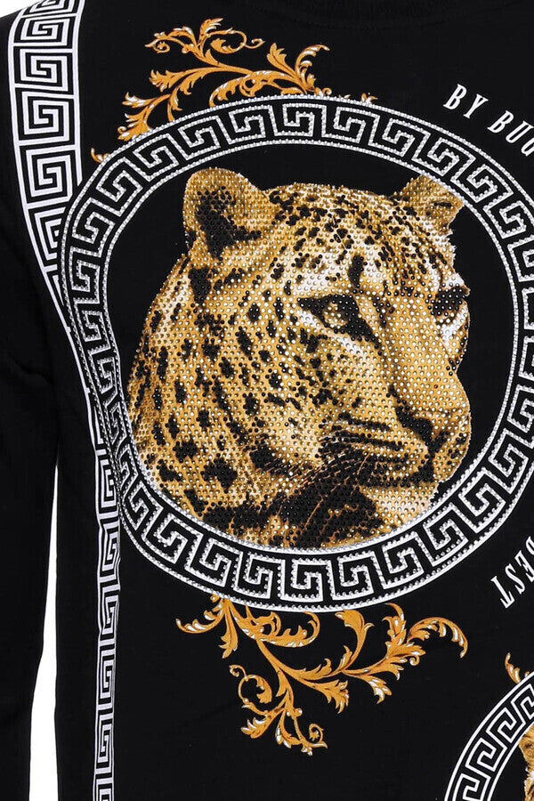 Felpa slim fit nera con motivo tigre grigio argento con cappuccio - Wessi