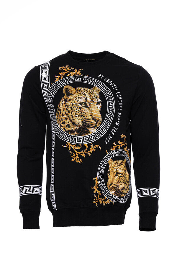 Hooded Silver Grey Tiger Patterned Black Slim Fit Sweatshirt - Wessi