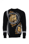 Hooded Silver Grey Tiger Patterned Black Slim Fit Sweatshirt - Wessi