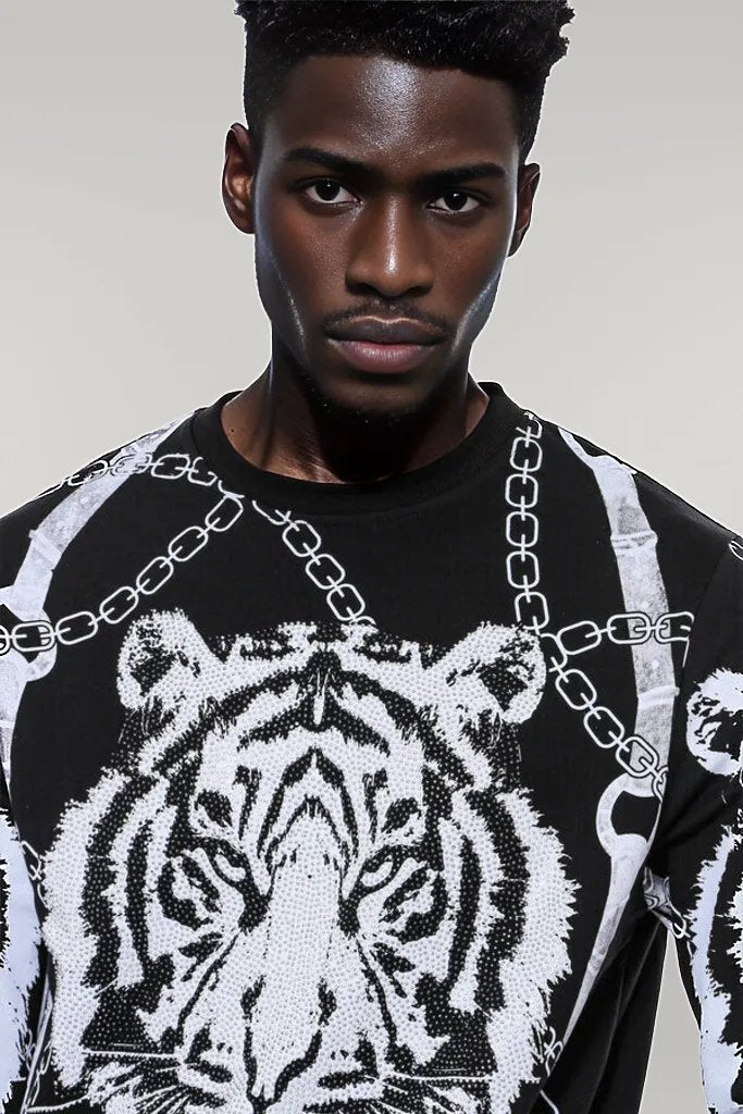 Tiger Patterned Slim Fit Black Sweatshirt - Wessi