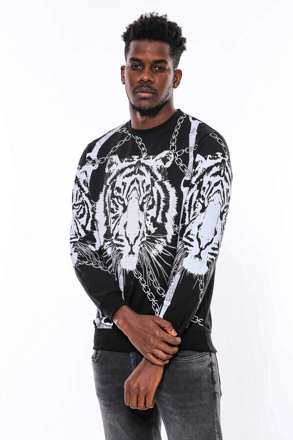 Tiger Patterned Slim Fit Black Sweatshirt - Wessi