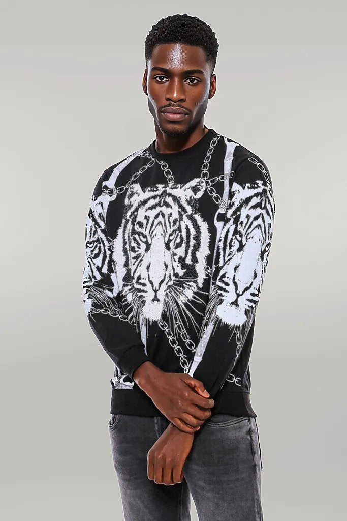 Tiger Patterned Slim Fit Black Sweatshirt - Wessi