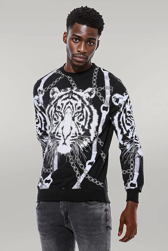 Tiger Patterned Slim Fit Black Sweatshirt - Wessi