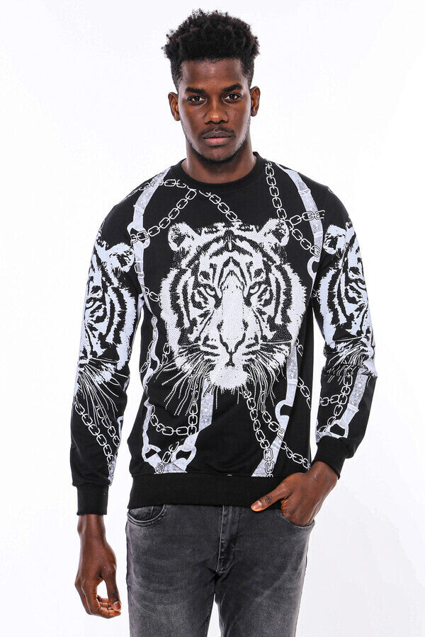 Tiger Patterned Slim Fit Black Sweatshirt - Wessi
