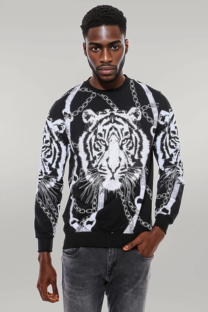 Tiger Patterned Slim Fit Black Sweatshirt - Wessi