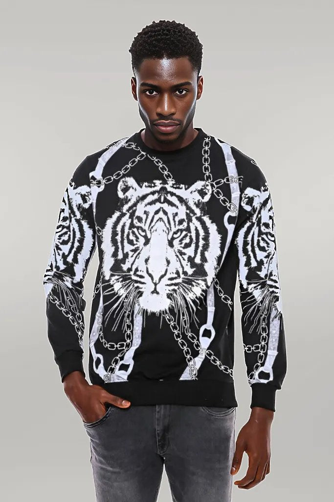 Tiger Patterned Slim Fit Black Sweatshirt - Wessi