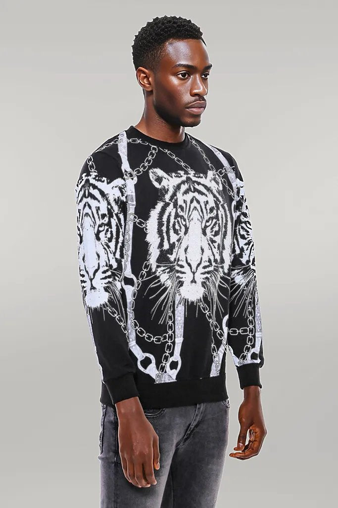 Tiger Patterned Slim Fit Black Sweatshirt - Wessi