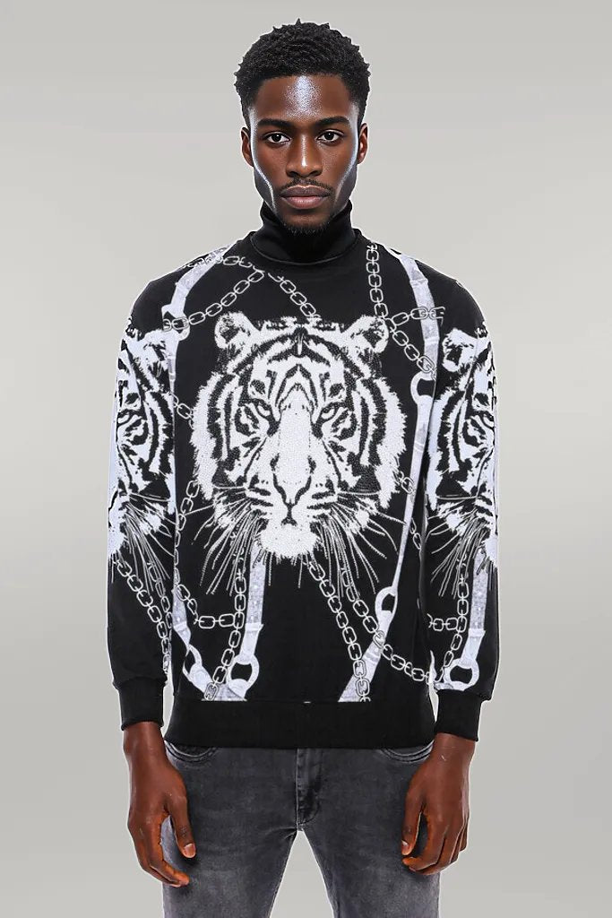 Tiger Patterned Slim Fit Black Sweatshirt - Wessi