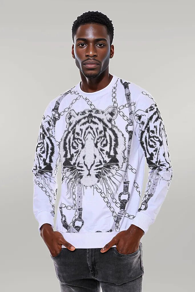 Tiger Patterned Slim Fit White SweatshirtTiger Patterned Slim Fit White Sweatshirt - Wessi