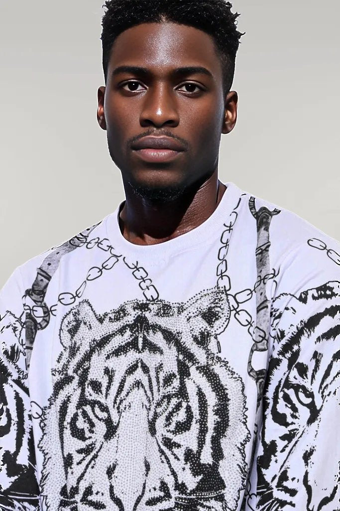 Tiger Patterned Slim Fit White SweatshirtTiger Patterned Slim Fit White Sweatshirt - Wessi