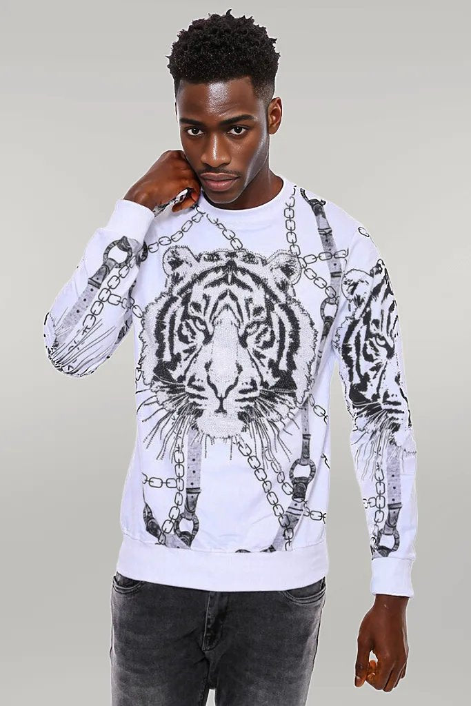 Tiger Patterned Slim Fit White SweatshirtTiger Patterned Slim Fit White Sweatshirt - Wessi