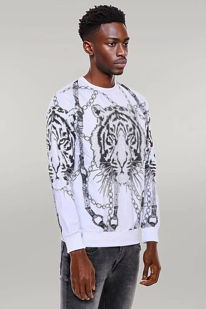 Tiger Patterned Slim Fit White SweatshirtTiger Patterned Slim Fit White Sweatshirt - Wessi