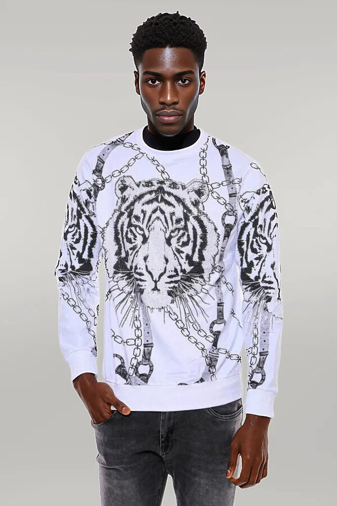 Tiger Patterned Slim Fit White SweatshirtTiger Patterned Slim Fit White Sweatshirt - Wessi