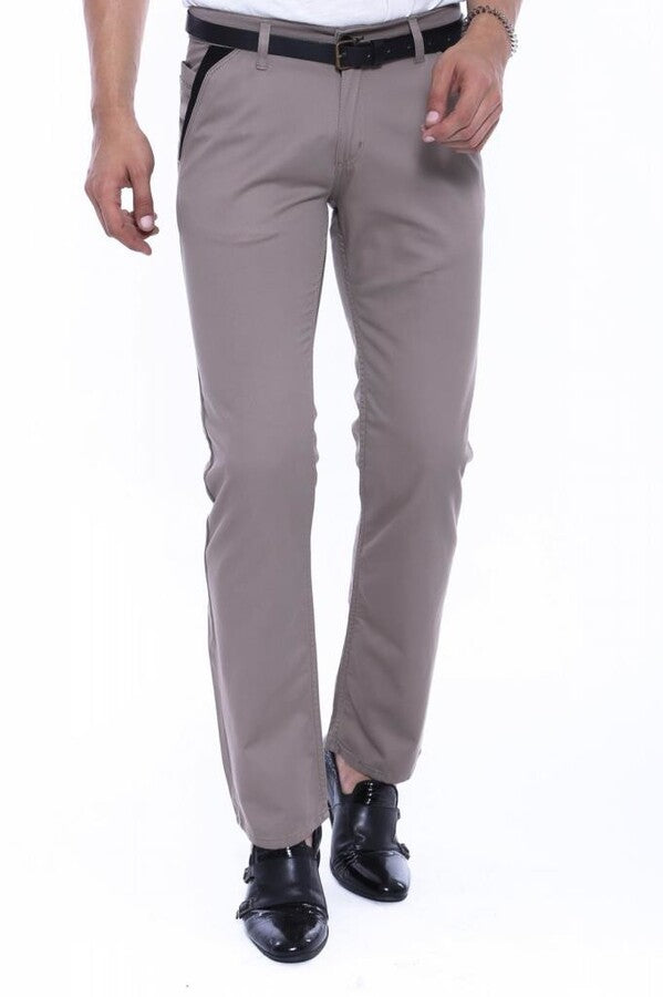 Trimmed Pockets Plain Slim Fit Beige Men Pants - Wessi