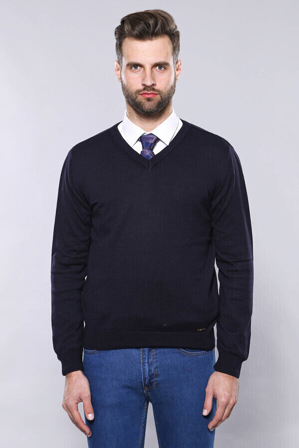 V Neck Navy Blue Sweater | Wessi