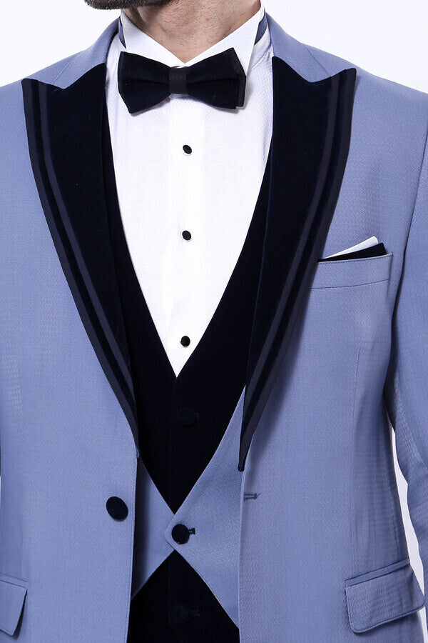 Velvet Collar Patterned Blue Tuxedo | Wessi