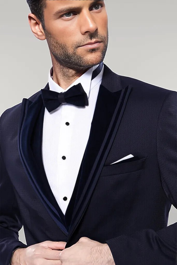 Esmoquin azul oscuro estampado con cuello de terciopelo - Wessi